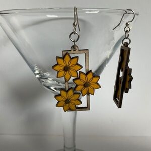 Kinetic Flower Gear Earrings - laser Cut from Reforested Wood Yellow & Natural